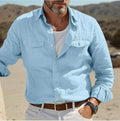 Men's green cotton linen summer shirt with long sleeves and loose fit