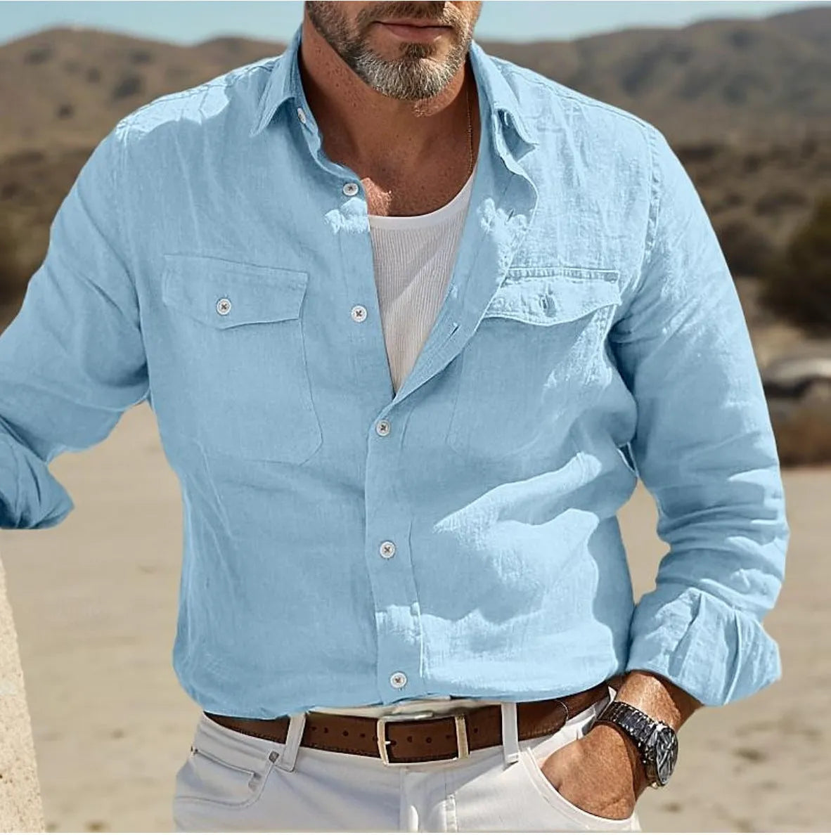 Men's green cotton linen summer shirt with long sleeves and loose fit