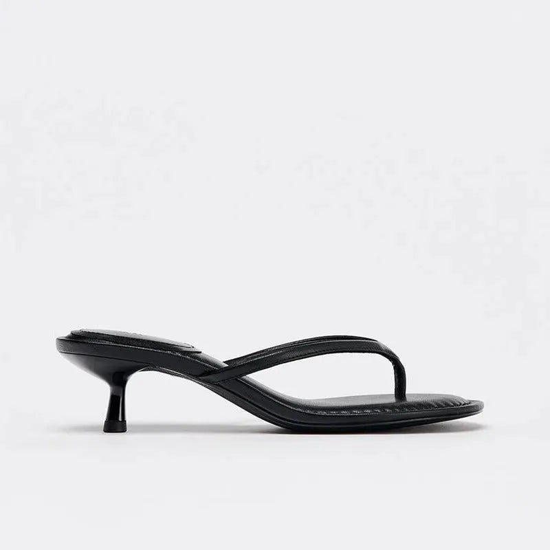 Women's high heel flip-flops with round toe in microfiber and rubber, available in black or khaki