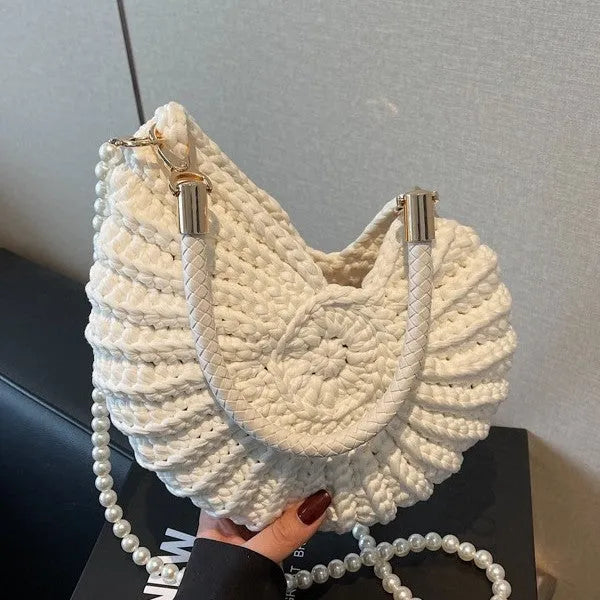 Women's handmade woven cloth shell-shaped bag in European retro style with open pocket design