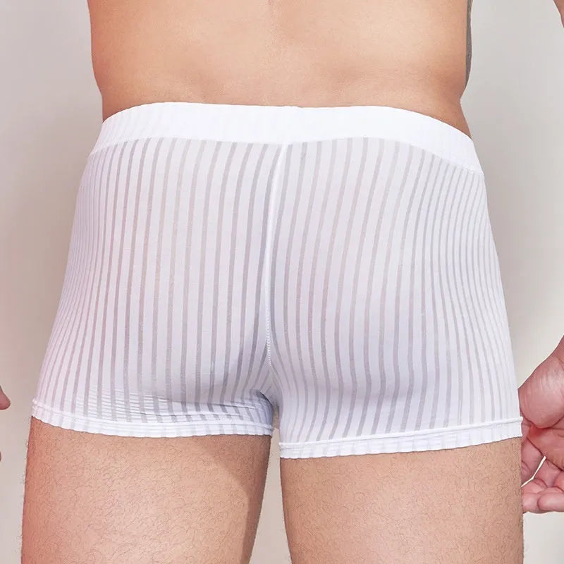 Men's black striped nylon underwear, thin and lightweight briefs laid flat.
