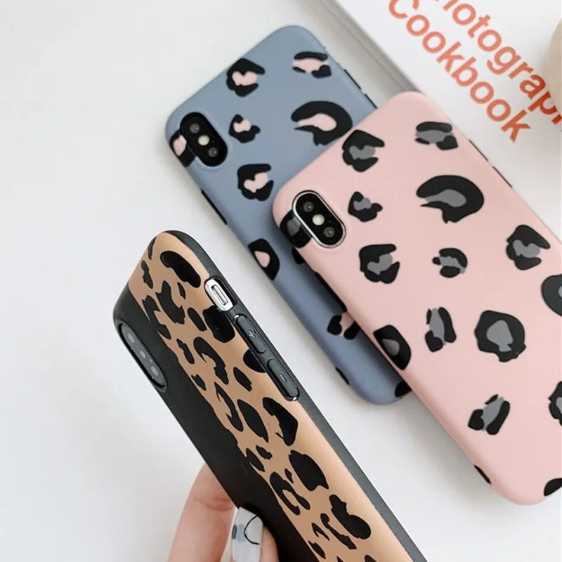 Leopard pattern phone case for iPhone in black, blue and pink colour options