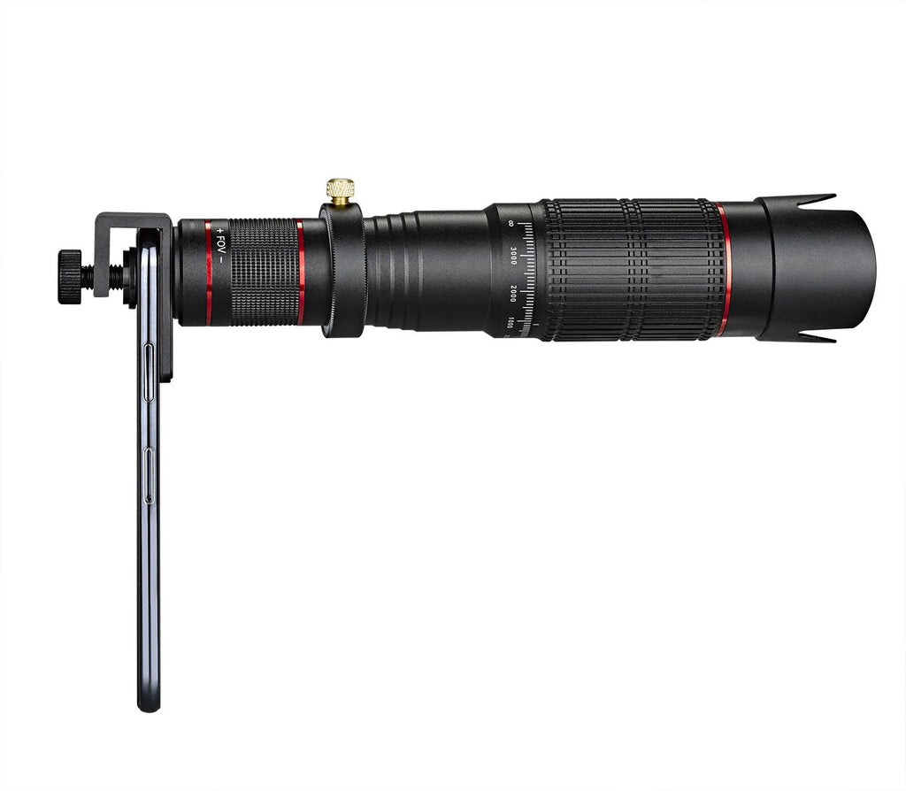 Black 36x telephoto lens attachment for mobile phones, shown with a phone.