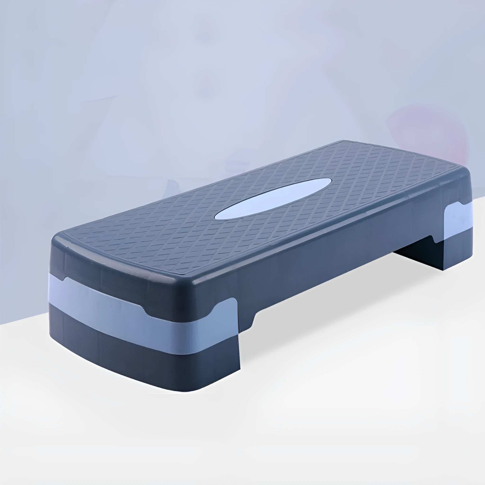 Grey Fit Step aerobics platform on a floor, showing its 68cm length and 15cm height.