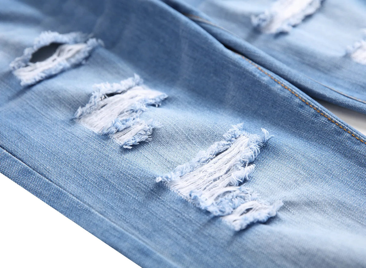 Men's ripped straight denim trousers in dark blue, mid waist, light straight leg, zip fly, sizes 28-42
