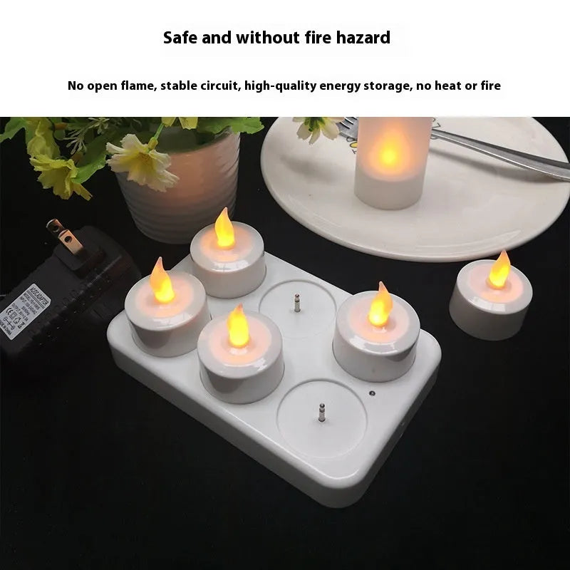 6-seat LED charging electric candle lamp set with white shell base, six yellow candle cores, cup covers, and charger