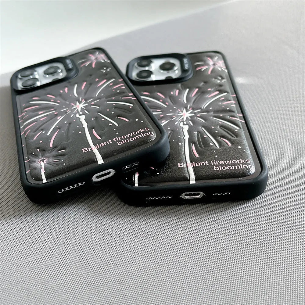 Leather embossed TPU phone case with colourful fireworks design for iPhone