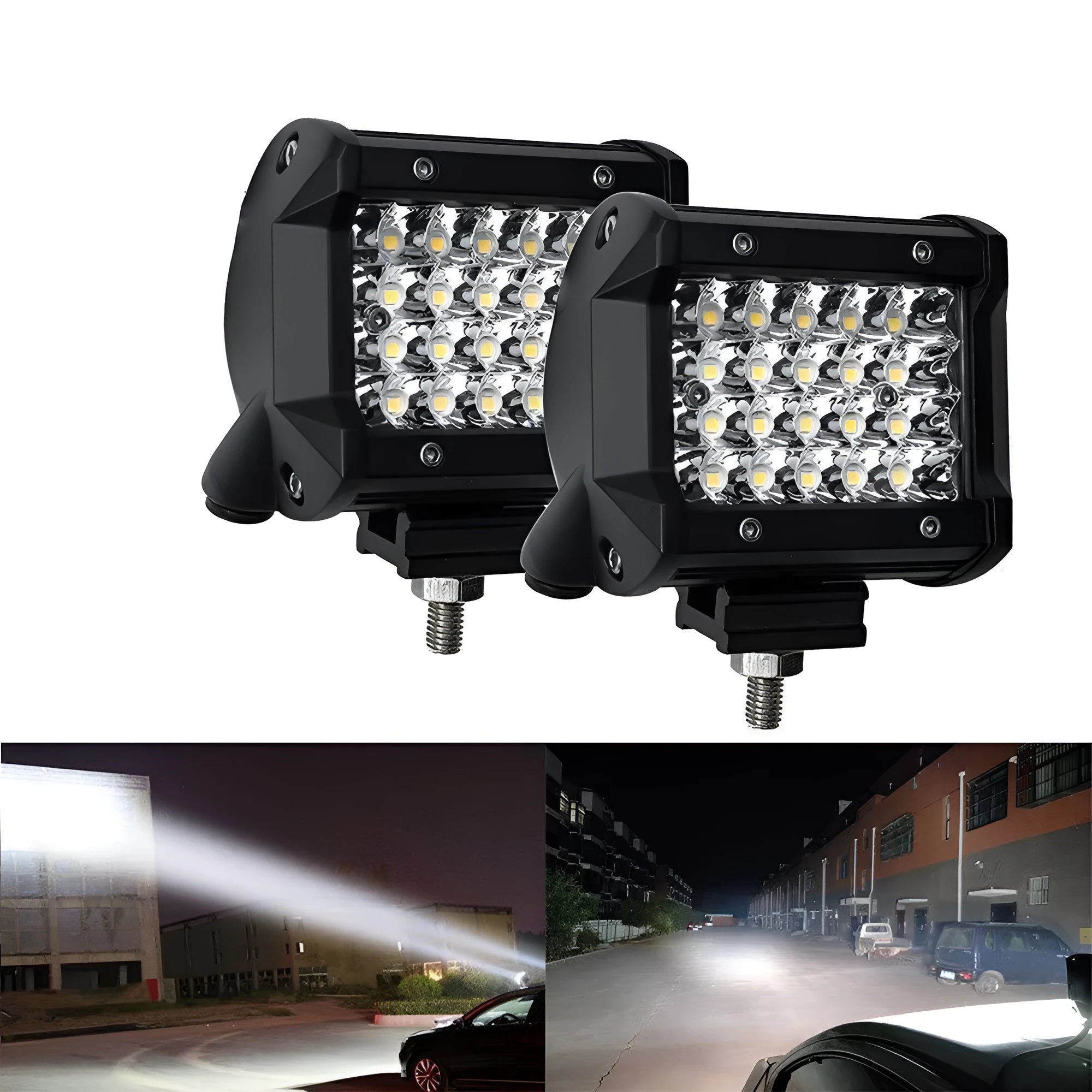 Black 4-row 72W LED light bar with aviation aluminium case and stainless steel bracket for vehicle mounting.