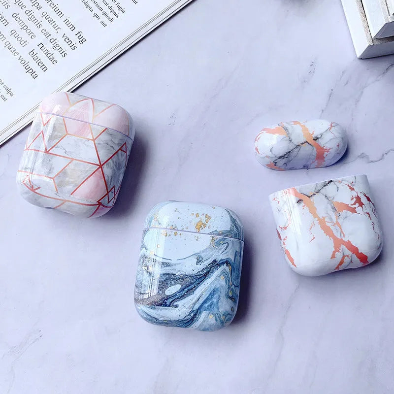 White marble hard PC protective case for Apple AirPods 1 and 2 wireless earphone charging box.