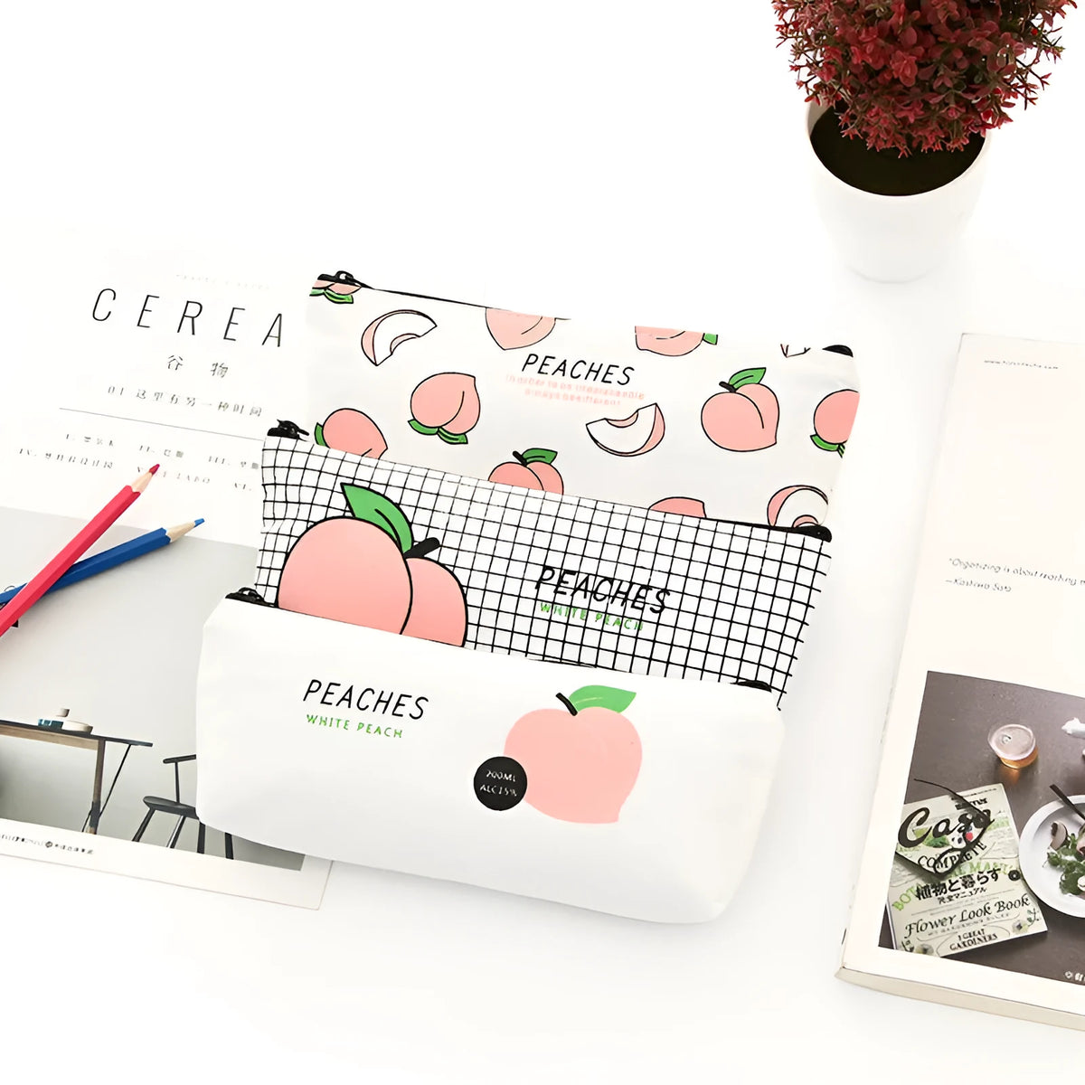 Rectangular canvas pen pouch 20x8.5cm with zip closure in Grid, White Peaches, black, or white