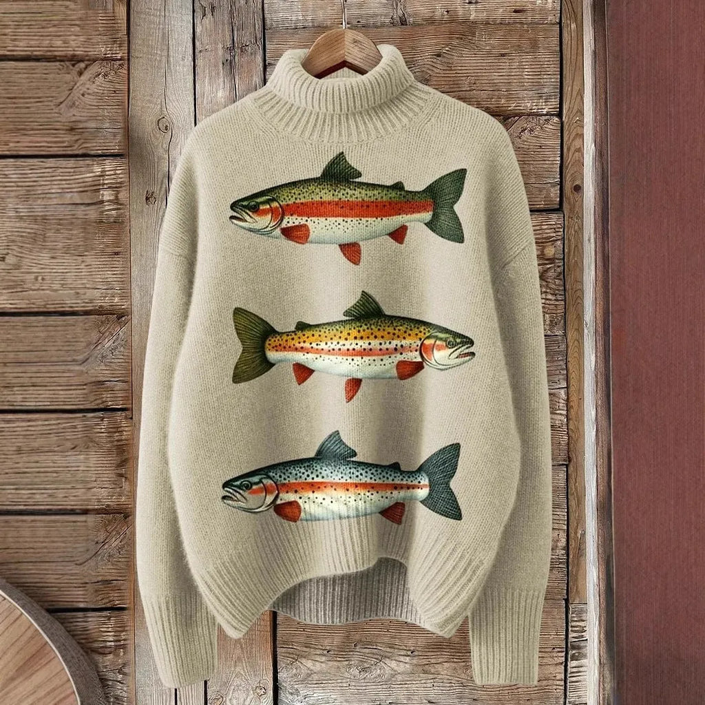 Women's printed red Christmas turtleneck loose-fit sweater on a hanger.