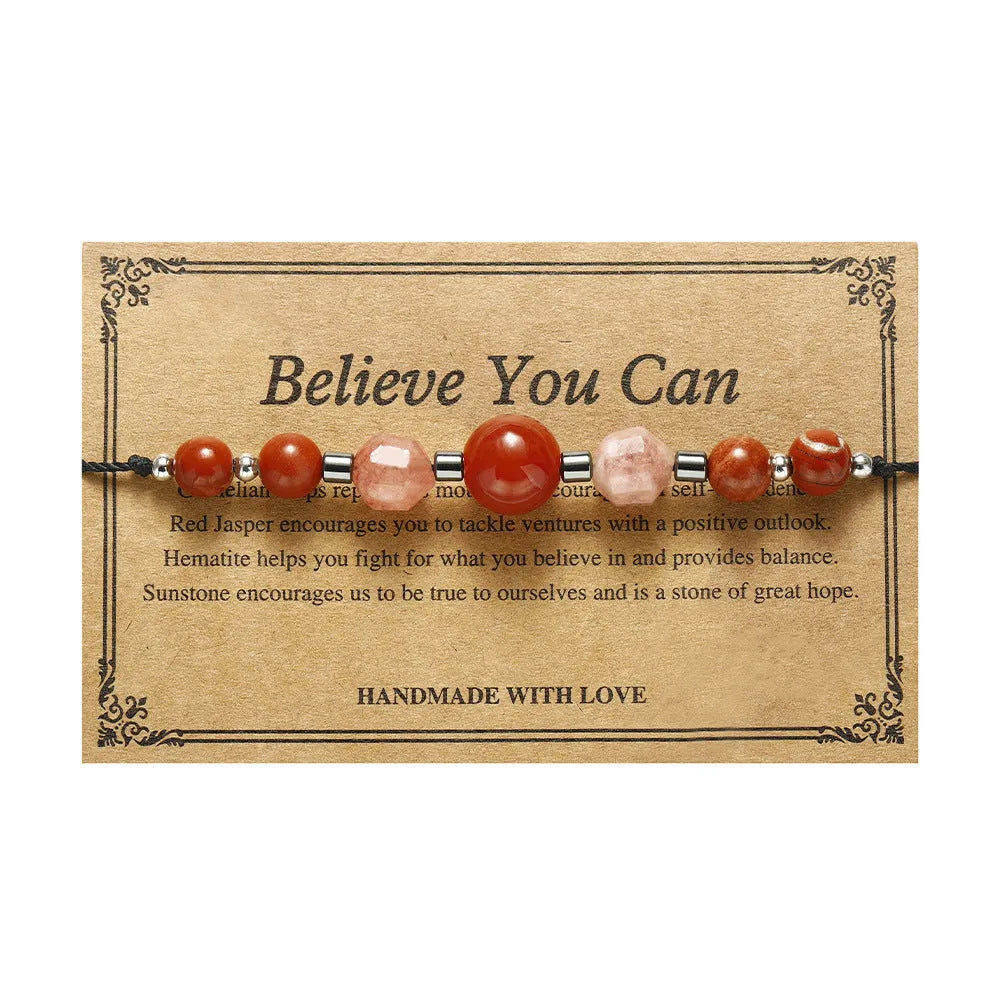 Red stone bracelet with sunstone, redstone and copper beads in geometric design