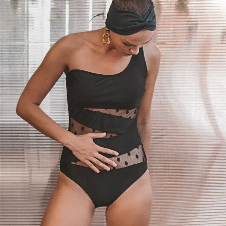 Women's one-shoulder nylon swimsuit in black, one-piece design with high elasticity and quick-dry fabric