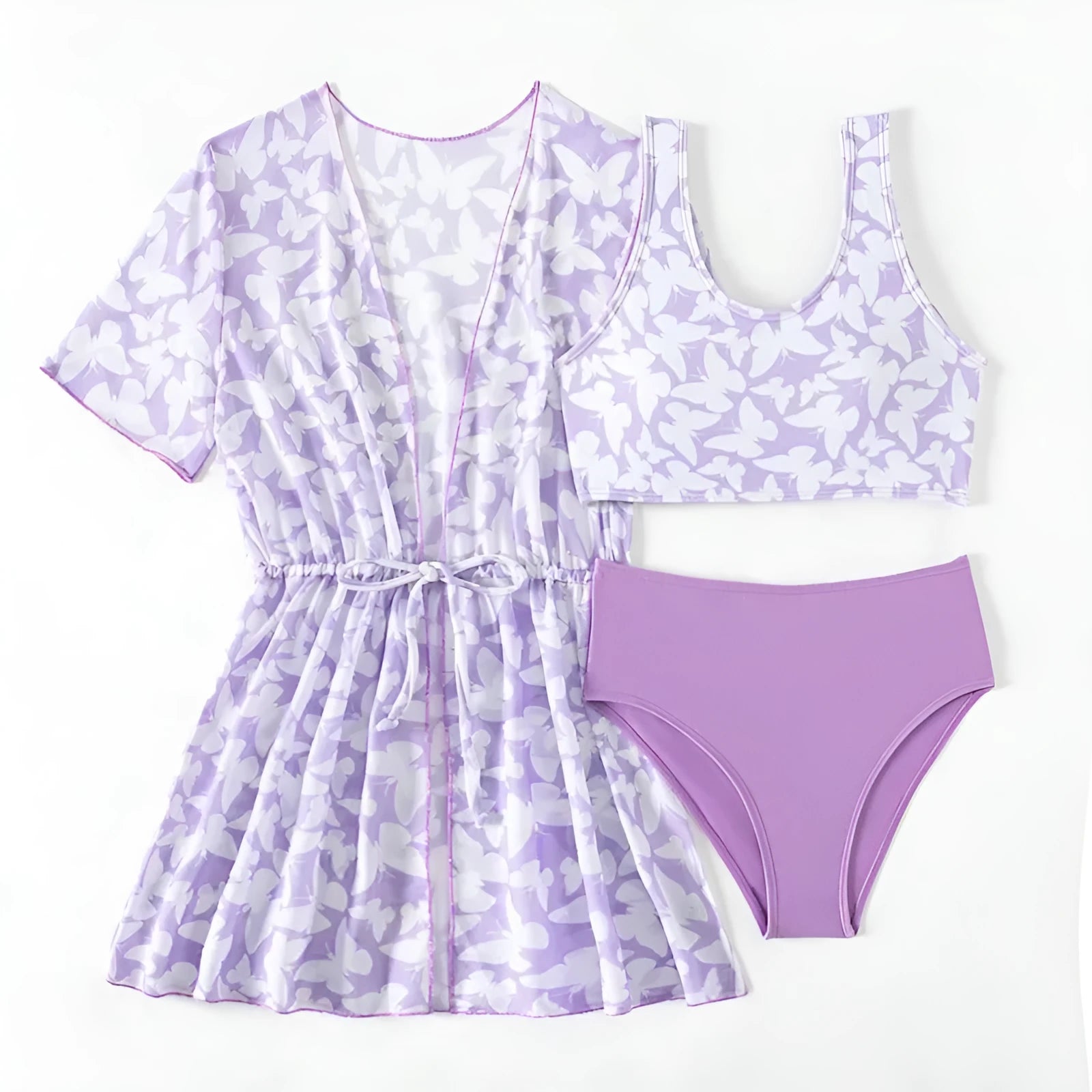 Girls' three piece split swimsuit set in colour 3218 showing coat, vest and matching briefs