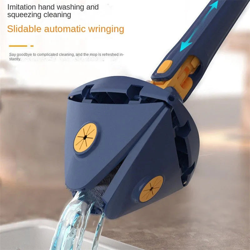 Blue triangle cleaning mop with 360° rotating head and extendable stainless steel pole