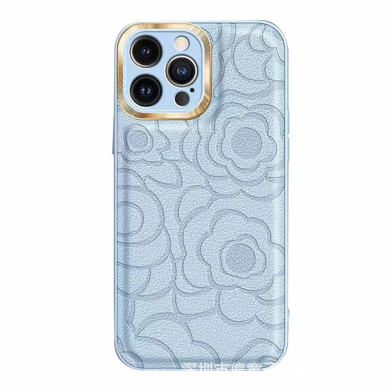 Camellia leather pattern iPhone case with soft edge and hard back, drop-resistant protective shell.
