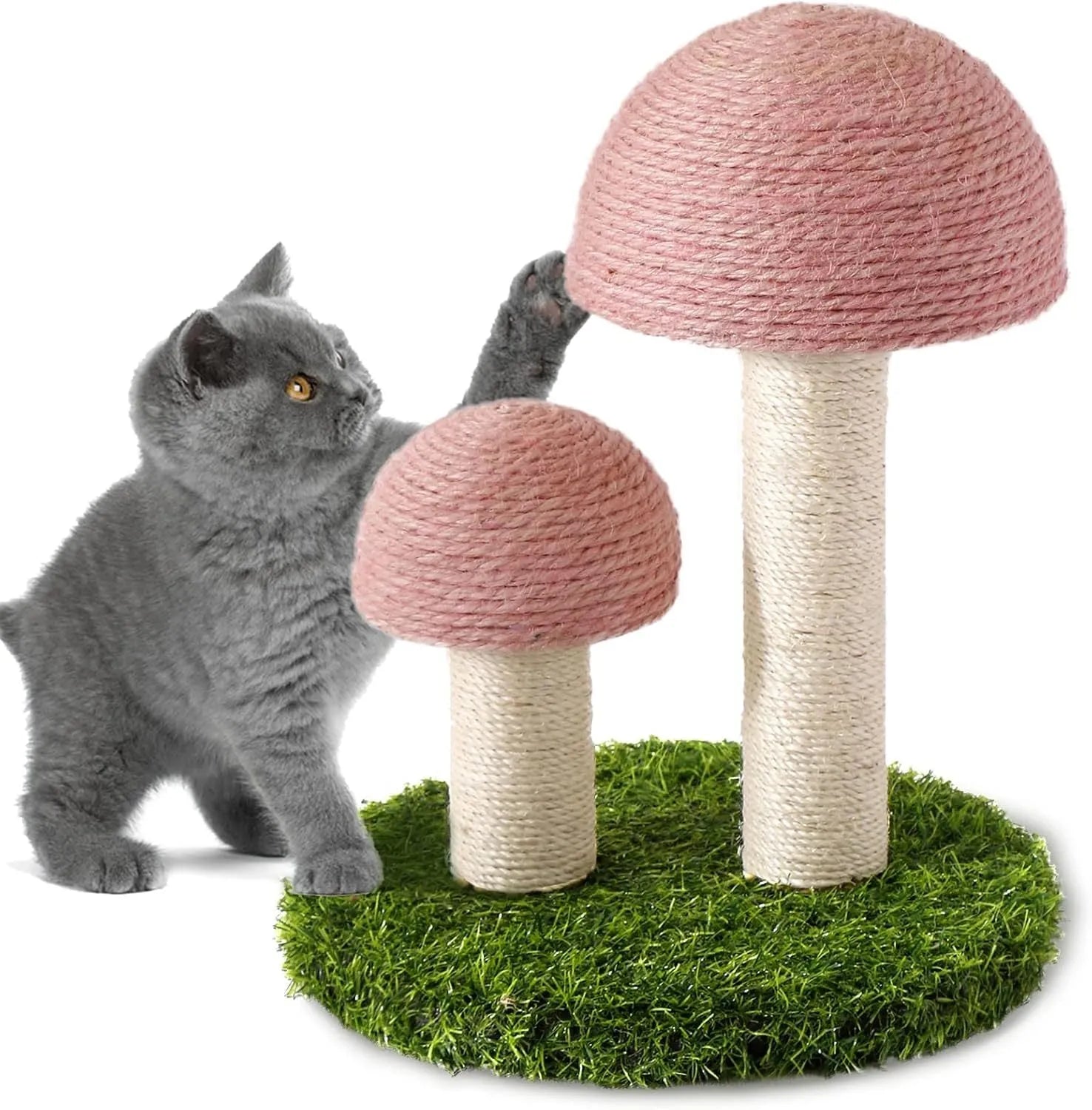 Pink mushroom-shaped cat scratching post with natural sisal covering for small cats up to 1.9kg
