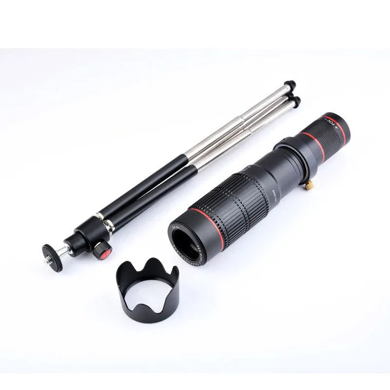 Black 36x telephoto lens attachment for mobile phones, shown with a phone.