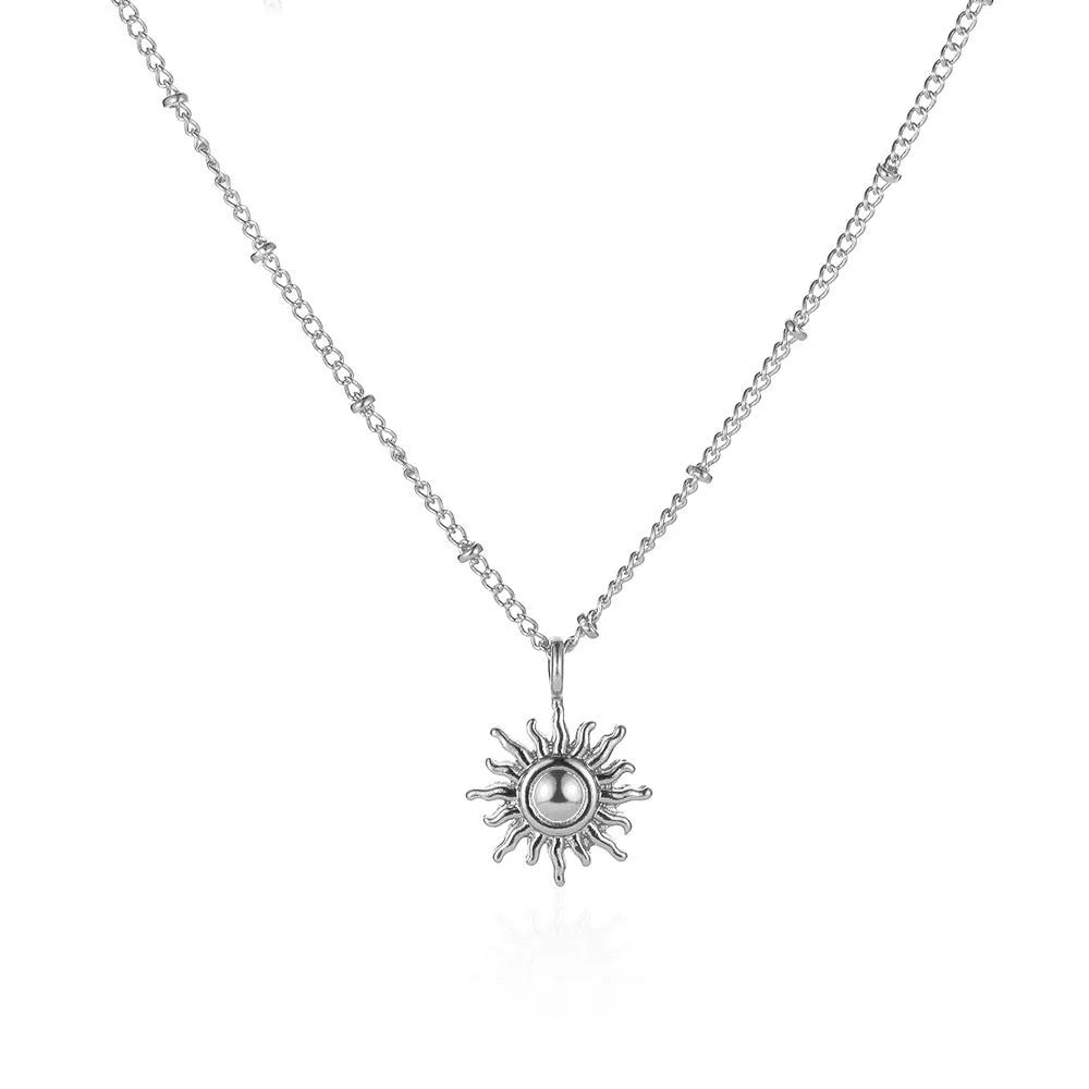 Alloy sun moon geometric pendant necklace on adjustable chain, gold electroplated finish