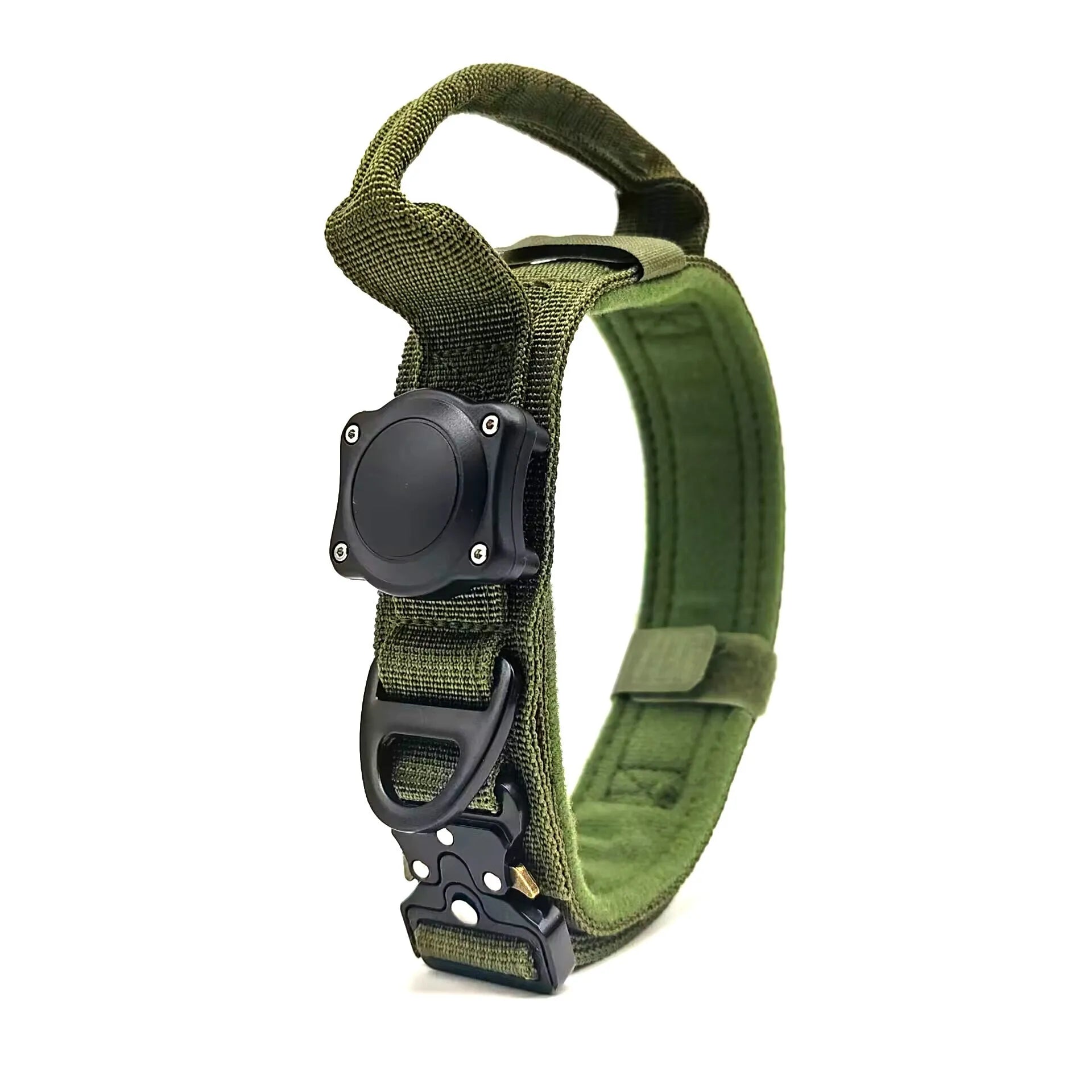 Tactical waterproof dog collar with positioning ring in polyester, available in army green, black and khaki colours