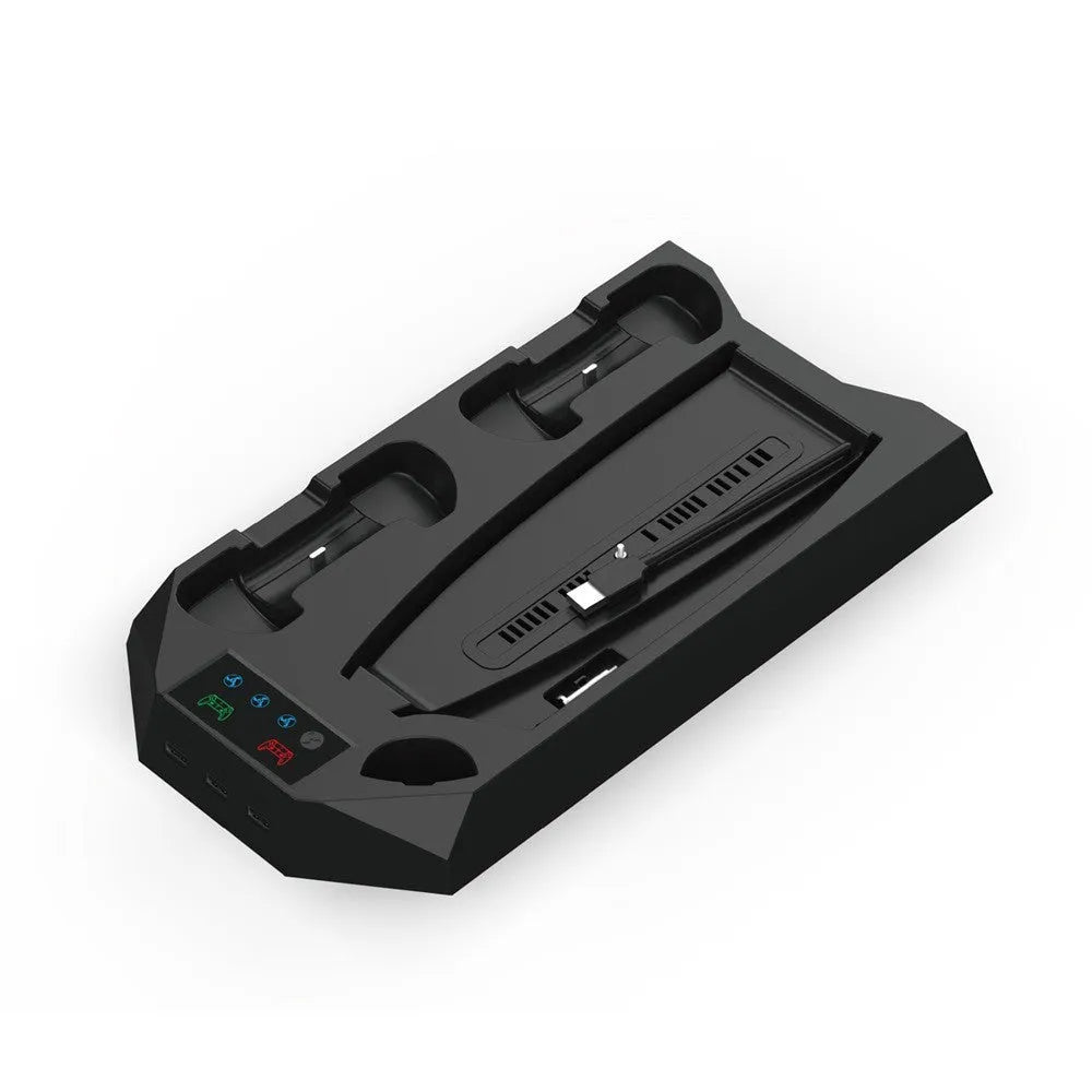PS5 charging base radiator stand in black with controller dock and headset hook