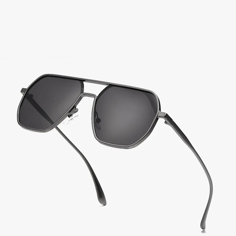 Men's irregular polarized sunglasses with black frame and grey lenses for driving and outdoor use
