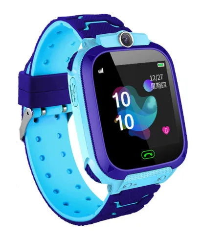 Children's phone watch with touch screen and camera in blue on child's wrist
