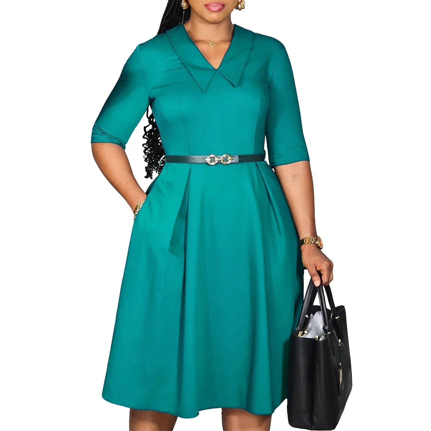 Solid colour African dress with half sleeves and high waist, shown with a matching belt.
