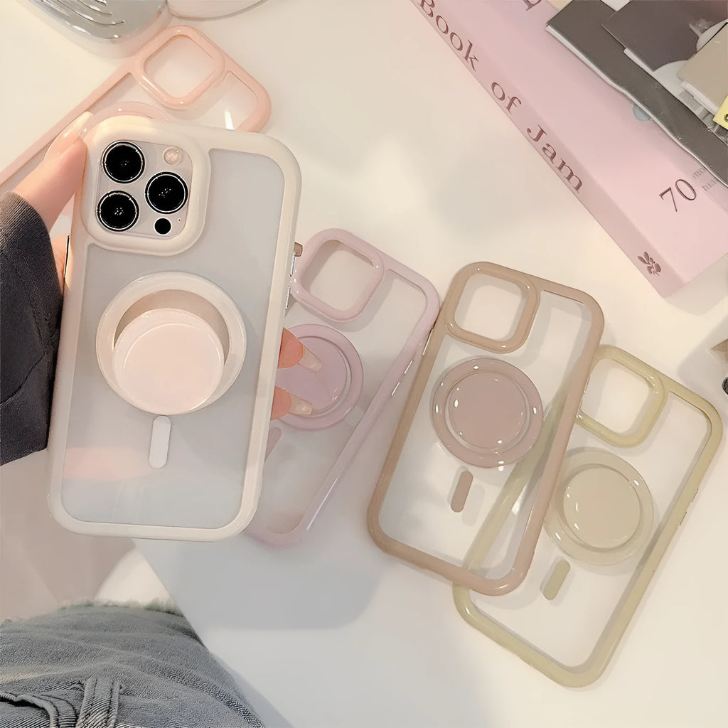 Acrylic magnetic phone case with bracket for iPhone 11-15 Pro Max, solid colour transparent design.