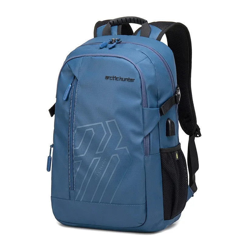 18-inch plaid pattern computer backpack with curved shoulder strap in blue, black, grey, or orange