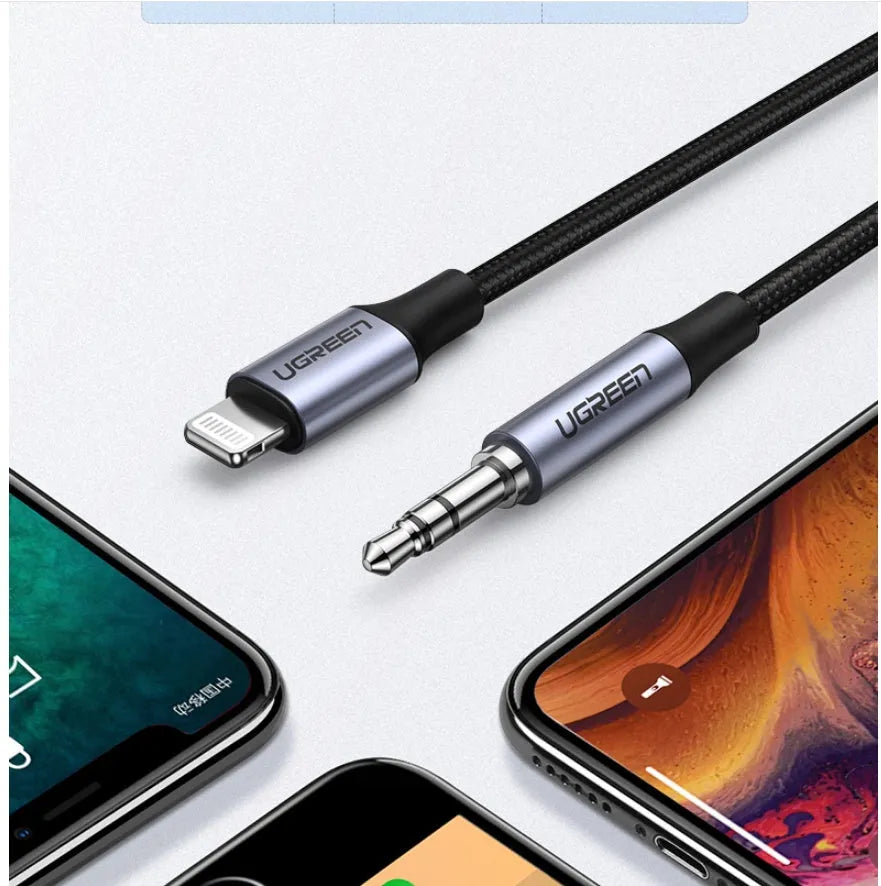 Black Apple Lightning to 3.5mm audio adapter cable with braided fabric and aluminum connector shell.
