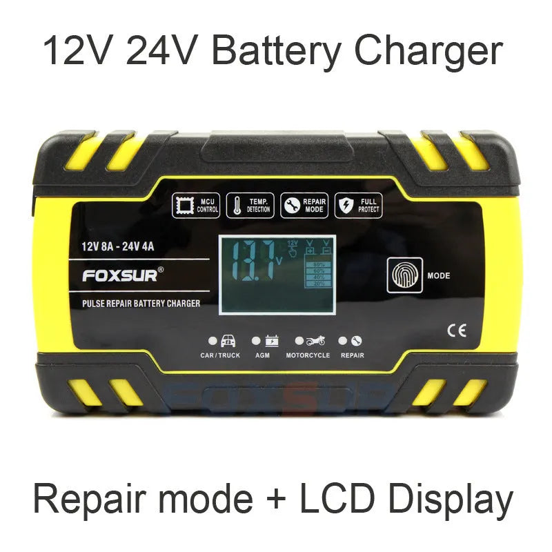 12V 24V automotive battery charger with digital screen display showing charging parameters