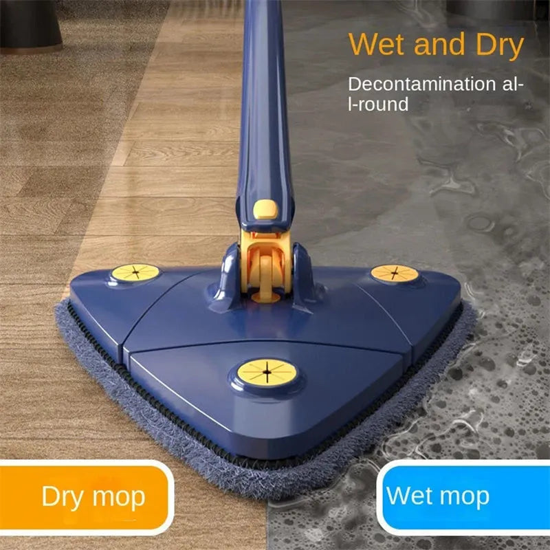 Blue triangle cleaning mop with 360° rotating head and extendable stainless steel pole