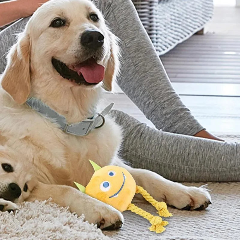 Blue or yellow cotton rope dog squeaky toy with knot design for teething and interactive play