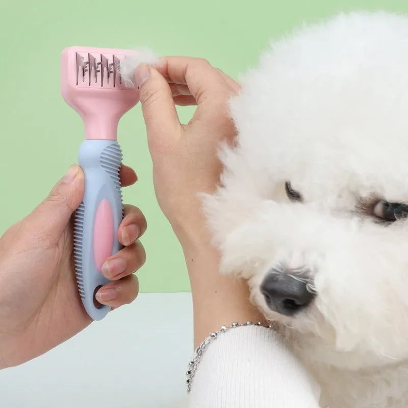 Pink and purple handled pet grooming comb with stainless steel de-matting knife and brush.