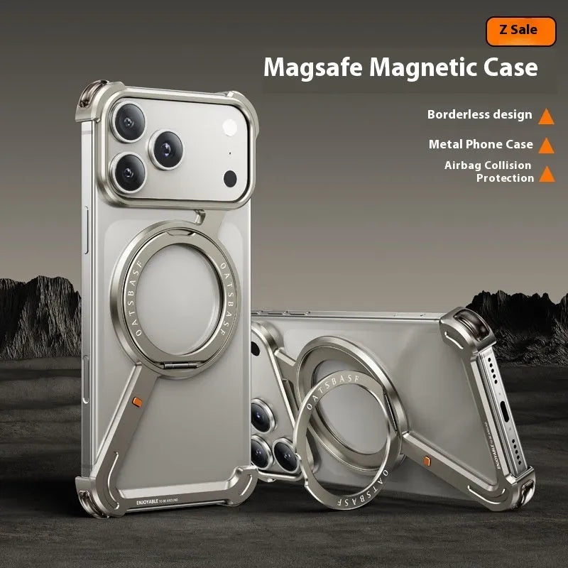 Metal phone case for iPhone 17 Pro Max with integrated magnetic bracket in black, orange, and primary colour options