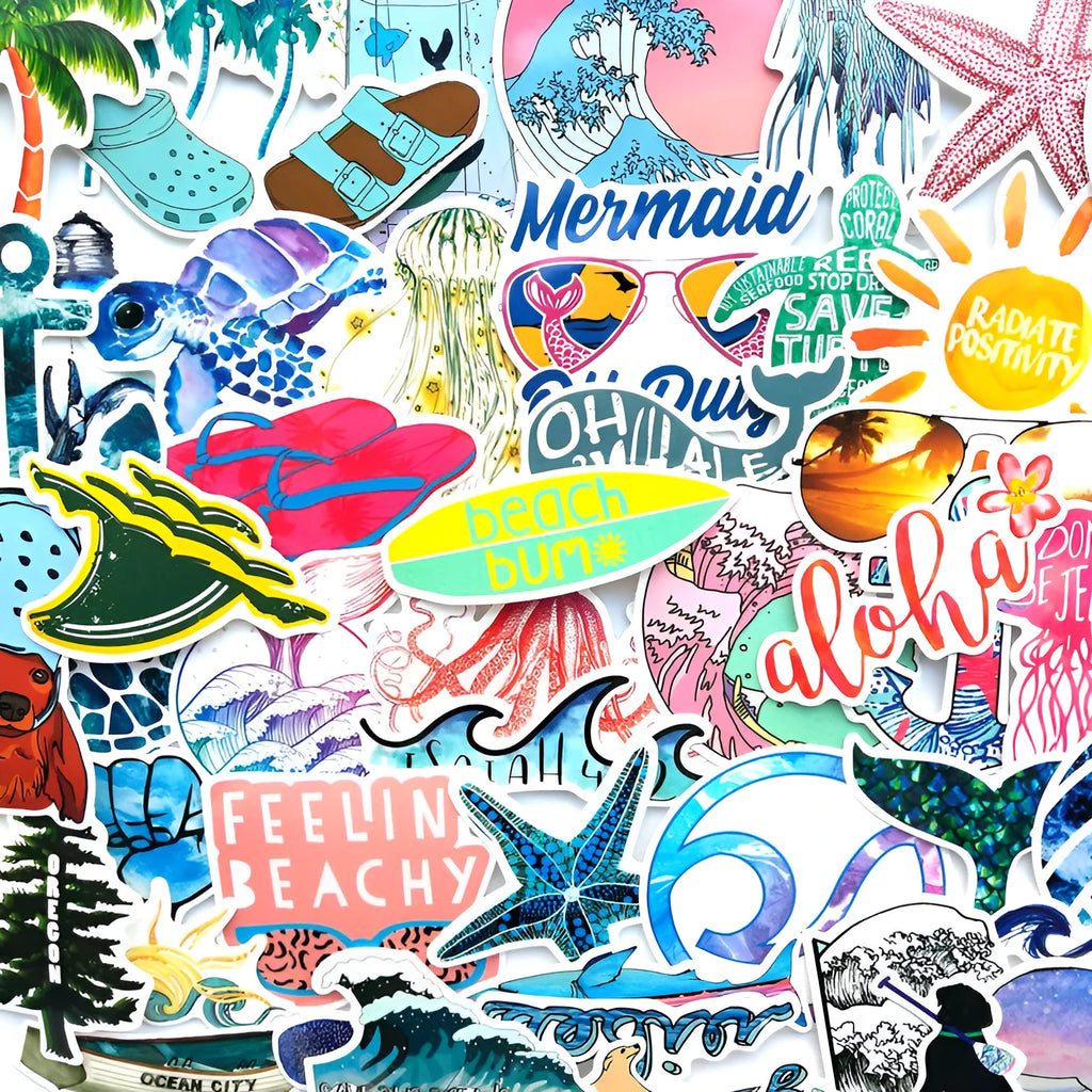 50 PVC beach series graffiti stickers with cartoon doodle designs on smooth surfaces
