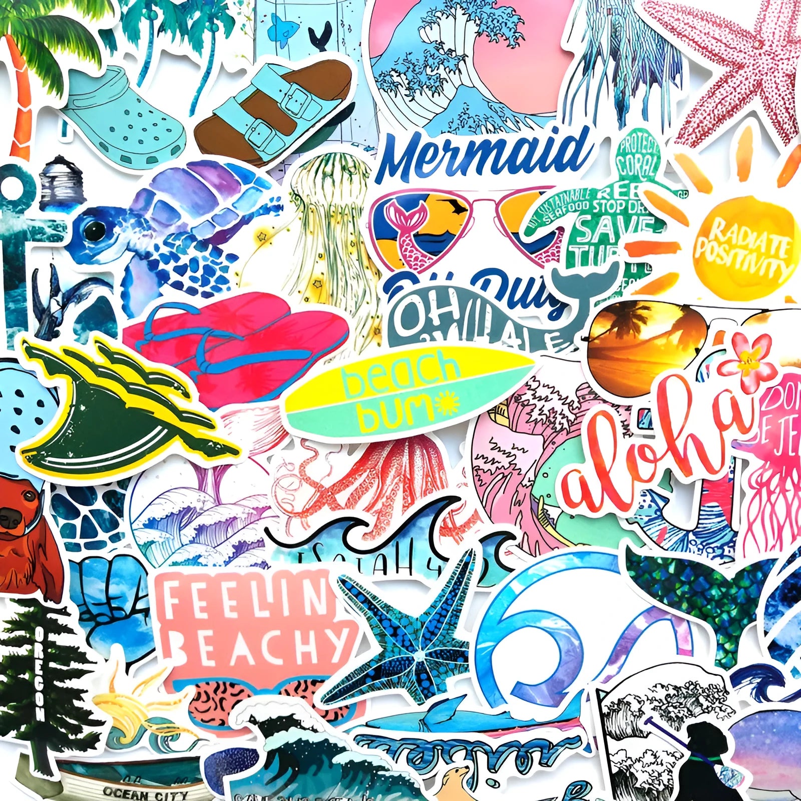 50 PVC beach series graffiti stickers with cartoon doodle designs on smooth surfaces