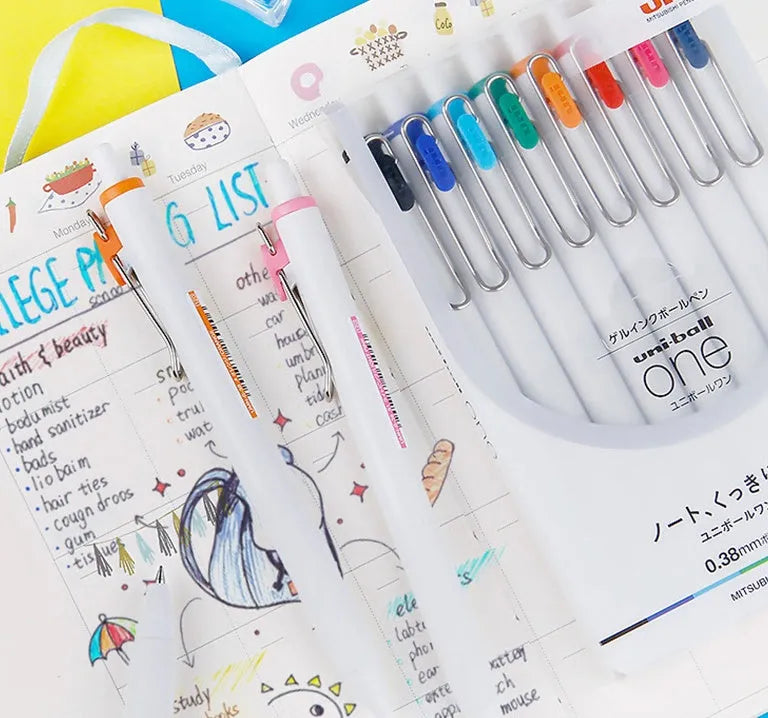 Gel pen set with 0.38mm and 0.5mm tips, five ink colours, non-erasable, 10 pens per box