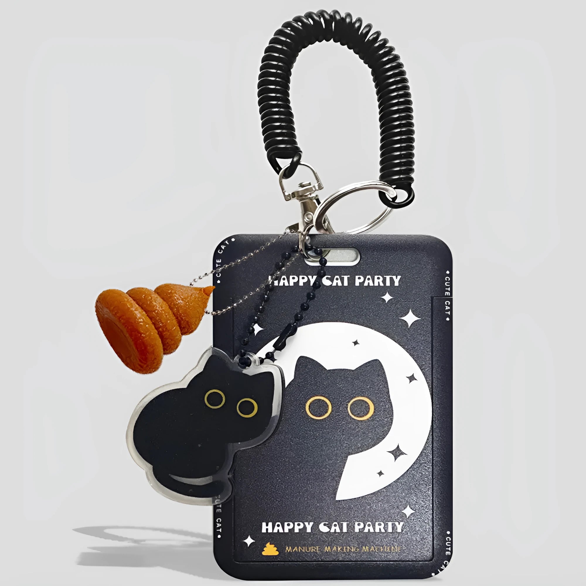 Plastic card holder with little black cat cartoon design and a metal ferrule pendant for attachment.