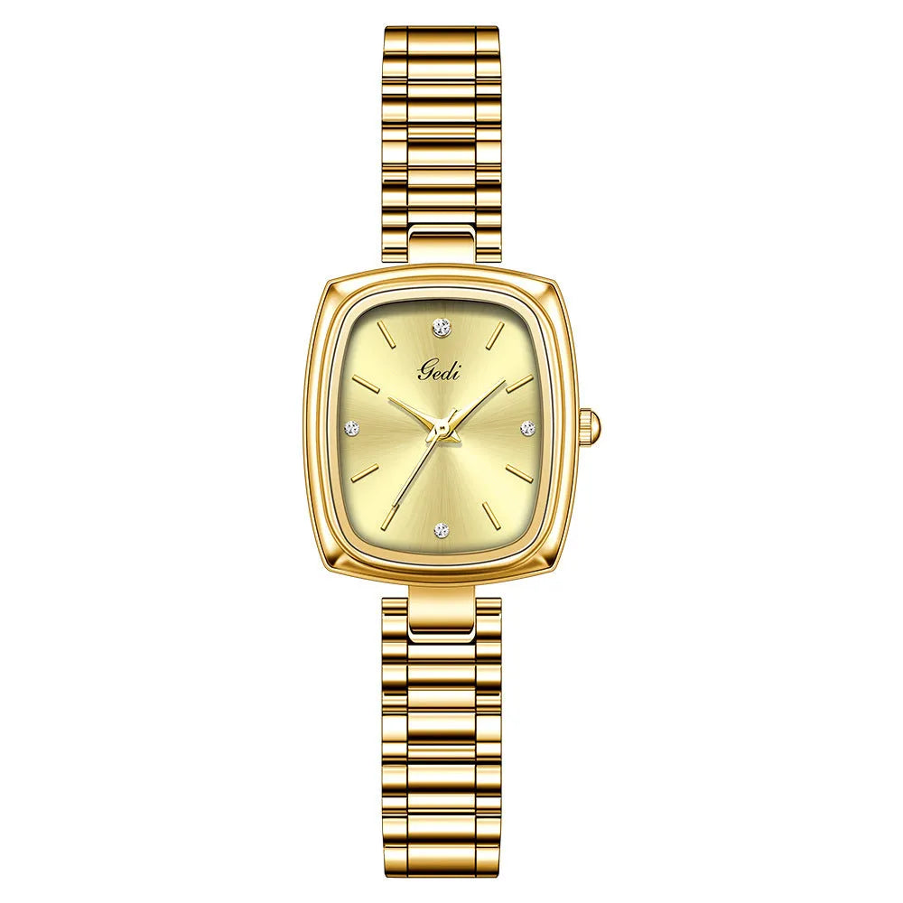 Small gold watch with 8mm alloy case gold strap and choice of gold white blue or dark brown face