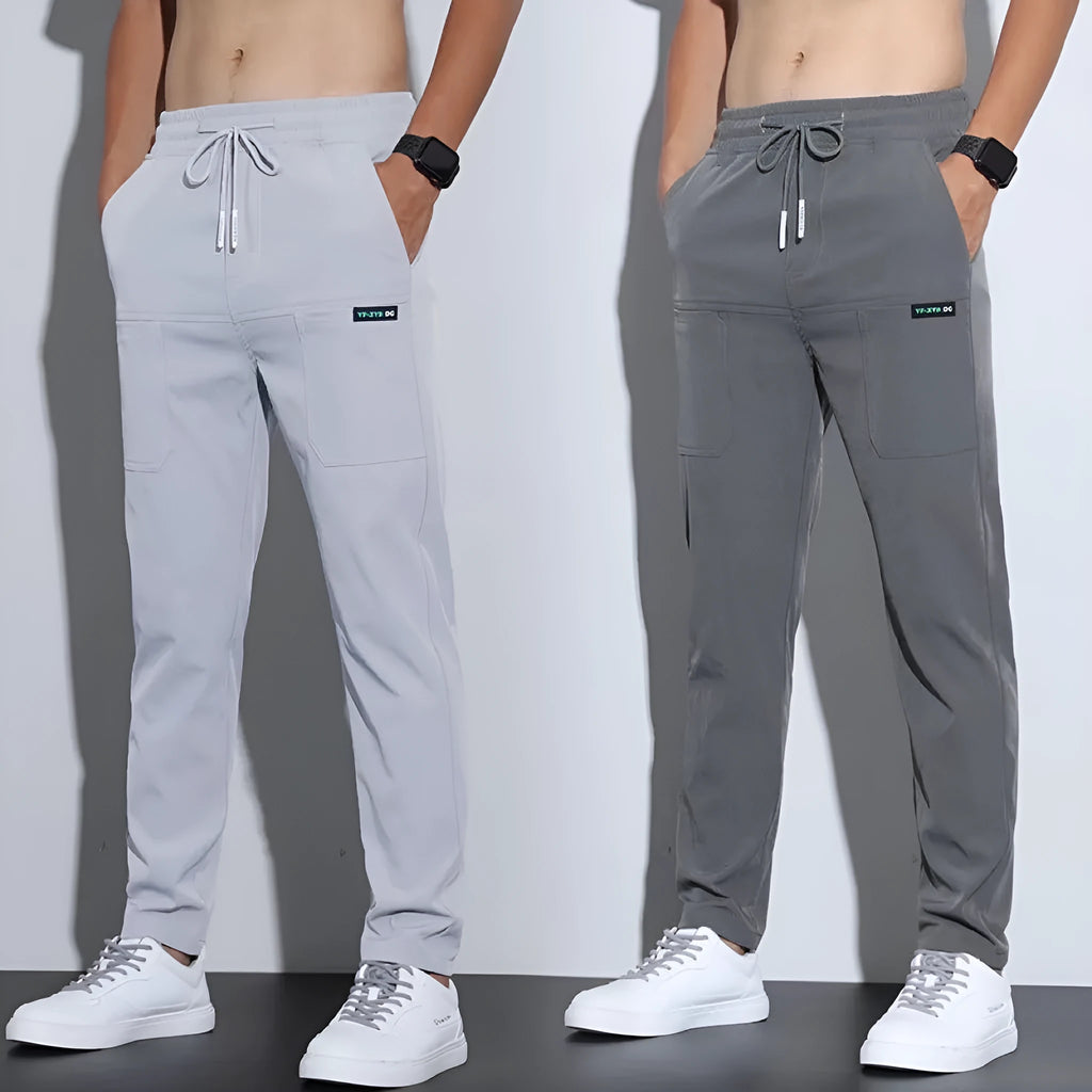 Ice silk casual men's elastic large business pants straight tube high waist solid colour polyester fabric in black, dark grey, light grey