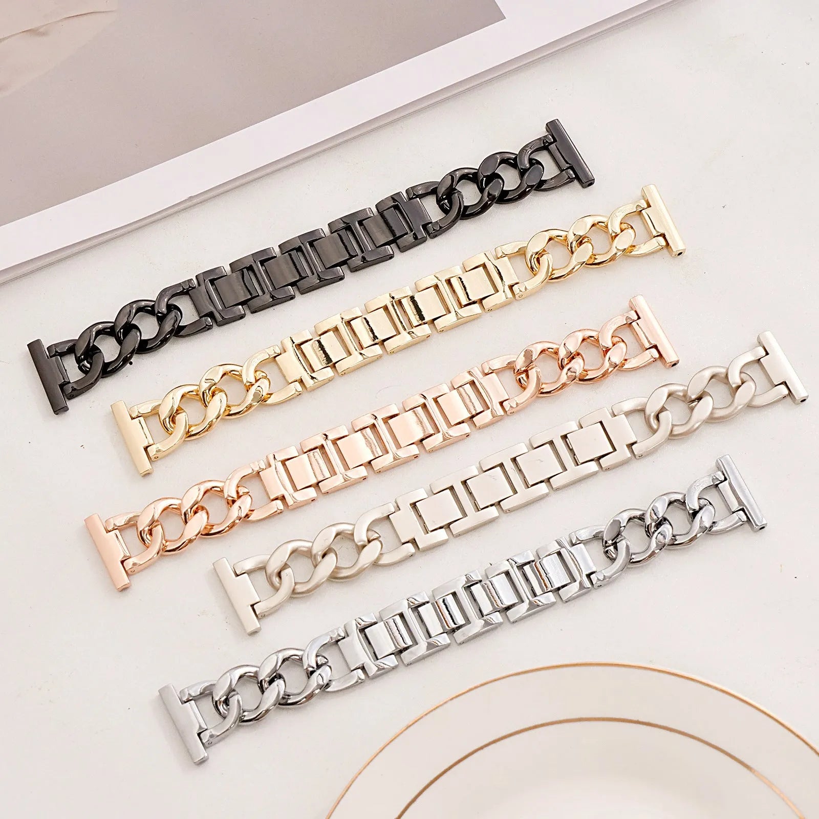 Denim pattern metal chain watch strap for Apple Watch in multiple colour options showing size variations
