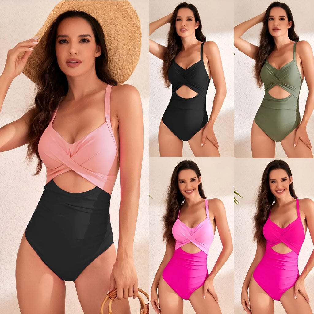 Women's high waist one-piece swimsuit with hollow design in solid colour options showing spandex lining construction