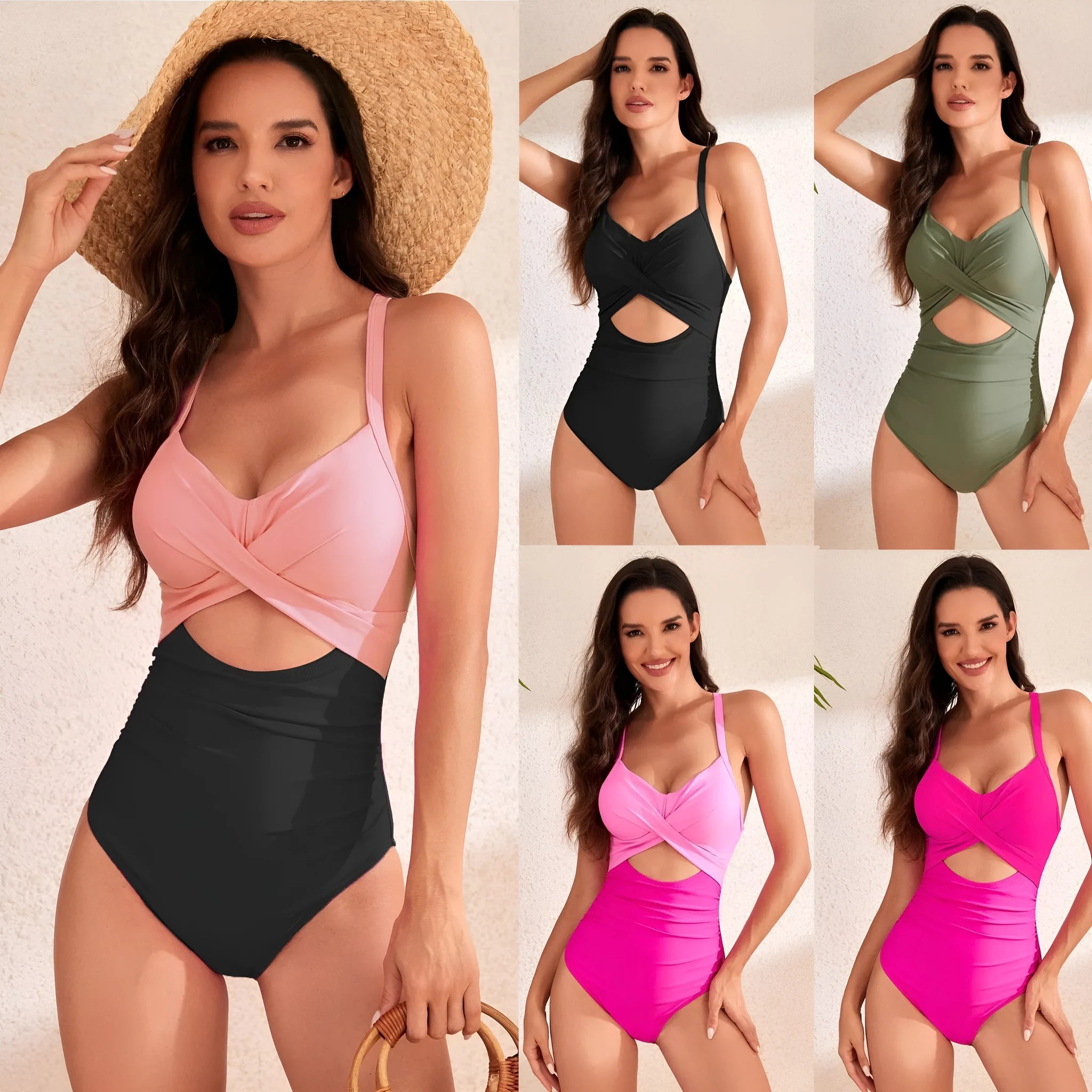 Women's high waist one-piece swimsuit with hollow design in solid colour options showing spandex lining construction