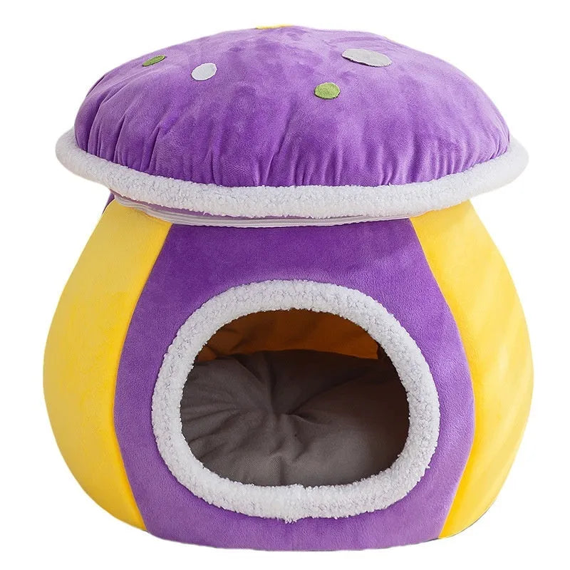 Grey mushroom-shaped plush cat bed with a thick, soft interior for pet comfort.