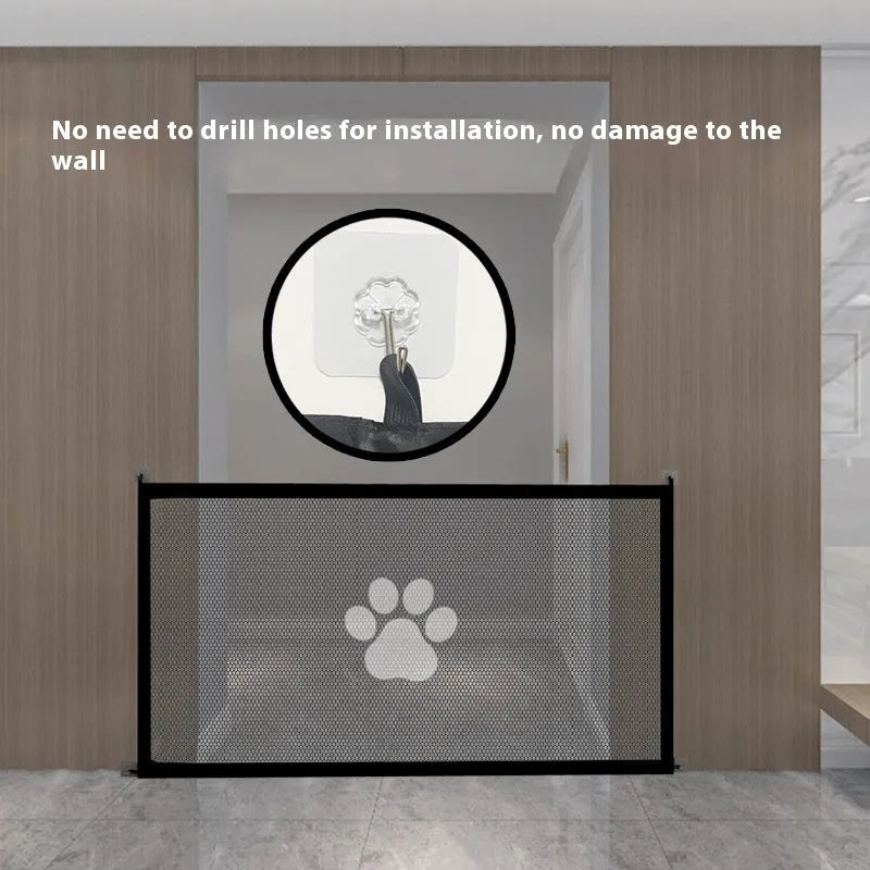 Folding dog barrier net showing cloth construction with plastic rods and pet doorsill design