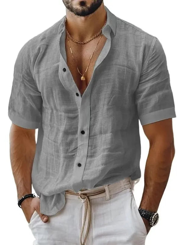 Men's short sleeve lapel shirt in cotton-linen blend with cardigan style open front