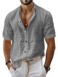 Men's short sleeve lapel shirt in cotton-linen blend with cardigan style open front