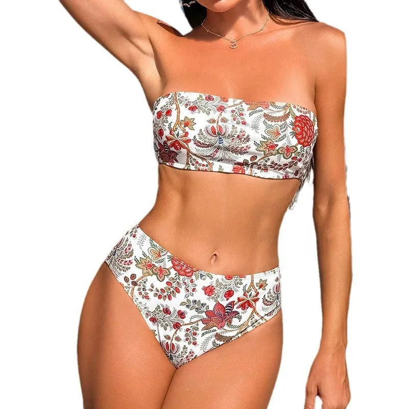 Women's printed bandeau bikini set with matching shorts on a neutral background.